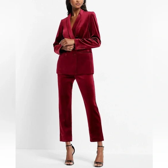 Express Red-Burgundy Velvet Sophisticated Double-Breasted Blazer Large